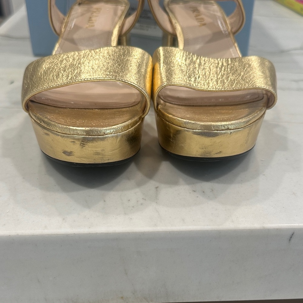 Prada Gold Block Heel Sandals - Picture 6 of 11